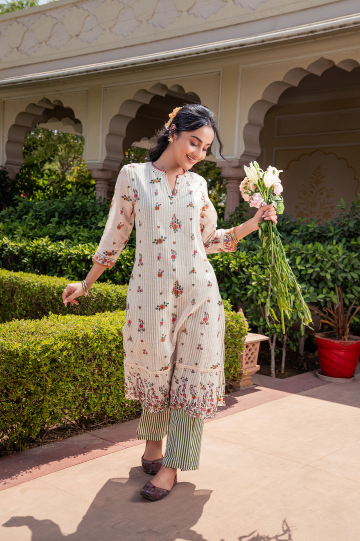 Beige & Green Cotton Designer Straight Kurta Pant