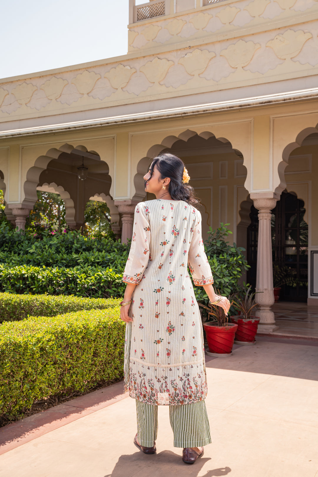 Beige & Green Cotton Designer Straight Kurta Pant