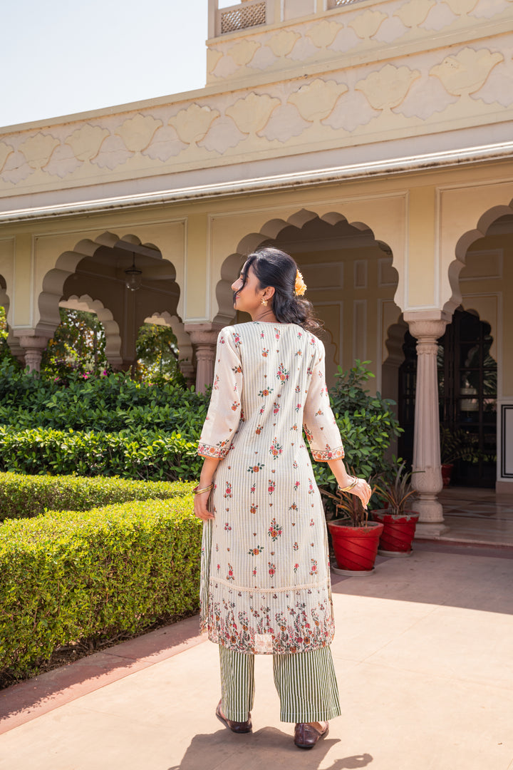 Beige & Green Cotton Designer Straight Kurta Pant