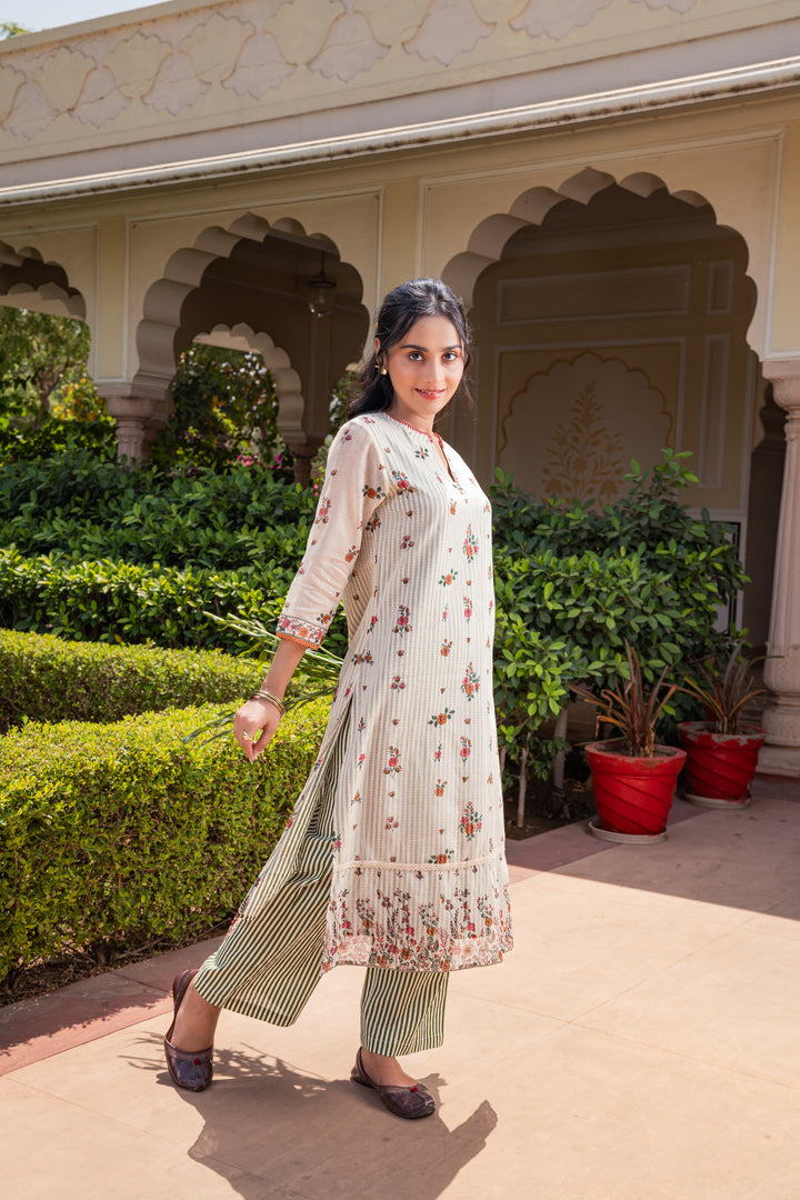 Beige & Green Cotton Designer Straight Kurta Pant