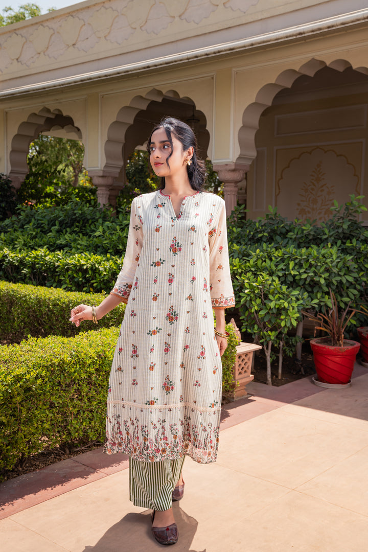 Beige & Green Cotton Designer Straight Kurta Pant