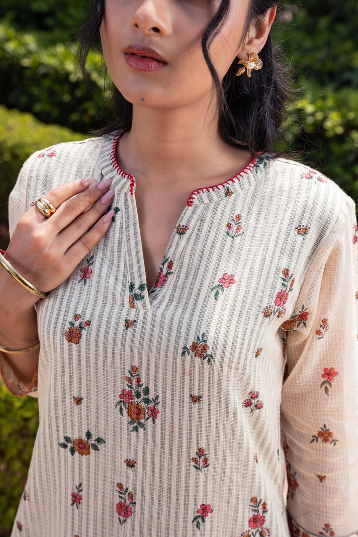 Beige & Green Cotton Designer Straight Kurta Pant