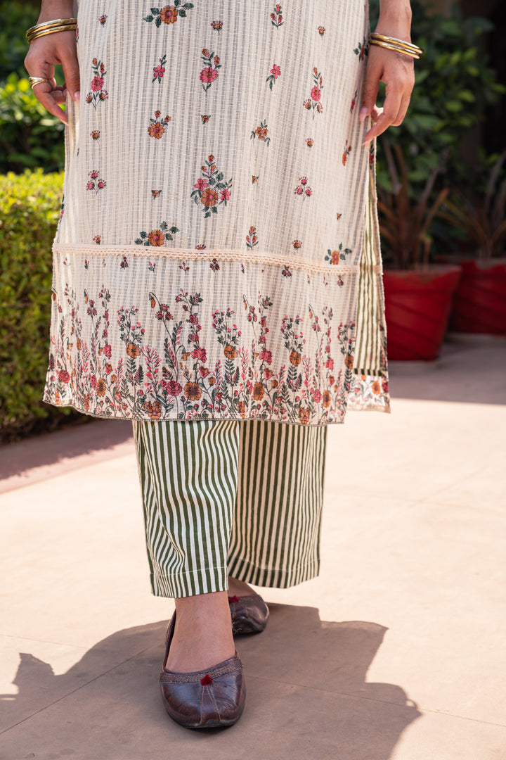 Beige & Green Cotton Designer Straight Kurta Pant