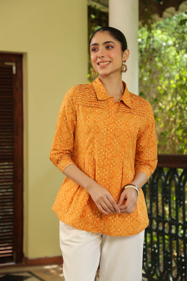 Mustard Cotton Detailed Printed Designer A-Line Top