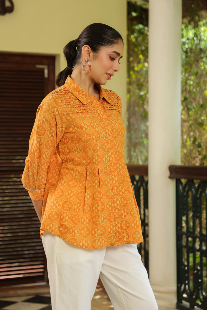 Mustard Cotton Detailed Printed Designer A-Line Top