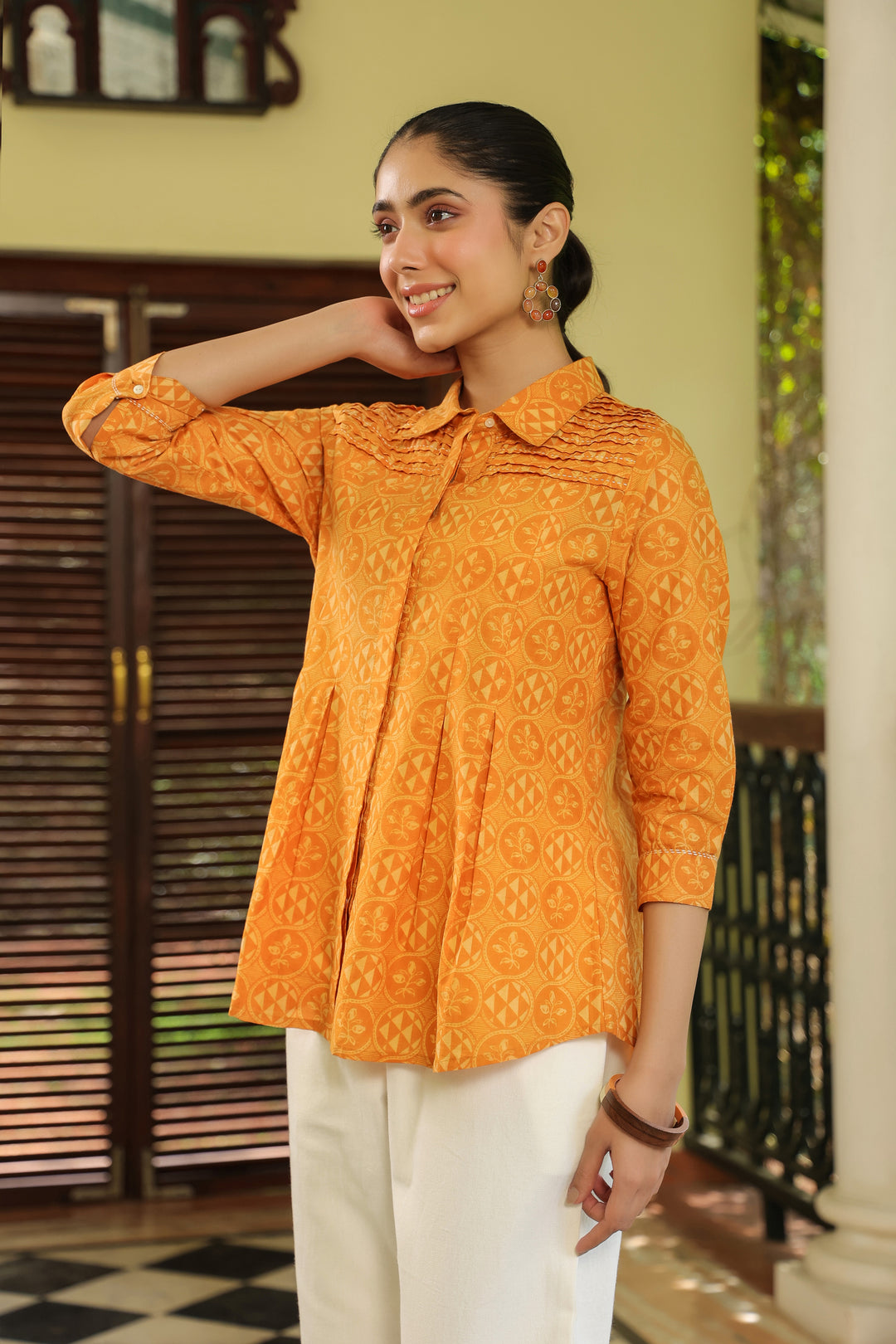 Mustard Cotton Detailed Printed Designer A-Line Top