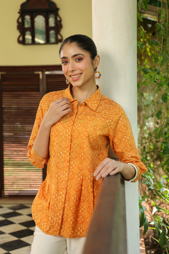 Mustard Cotton Detailed Printed Designer A-Line Top