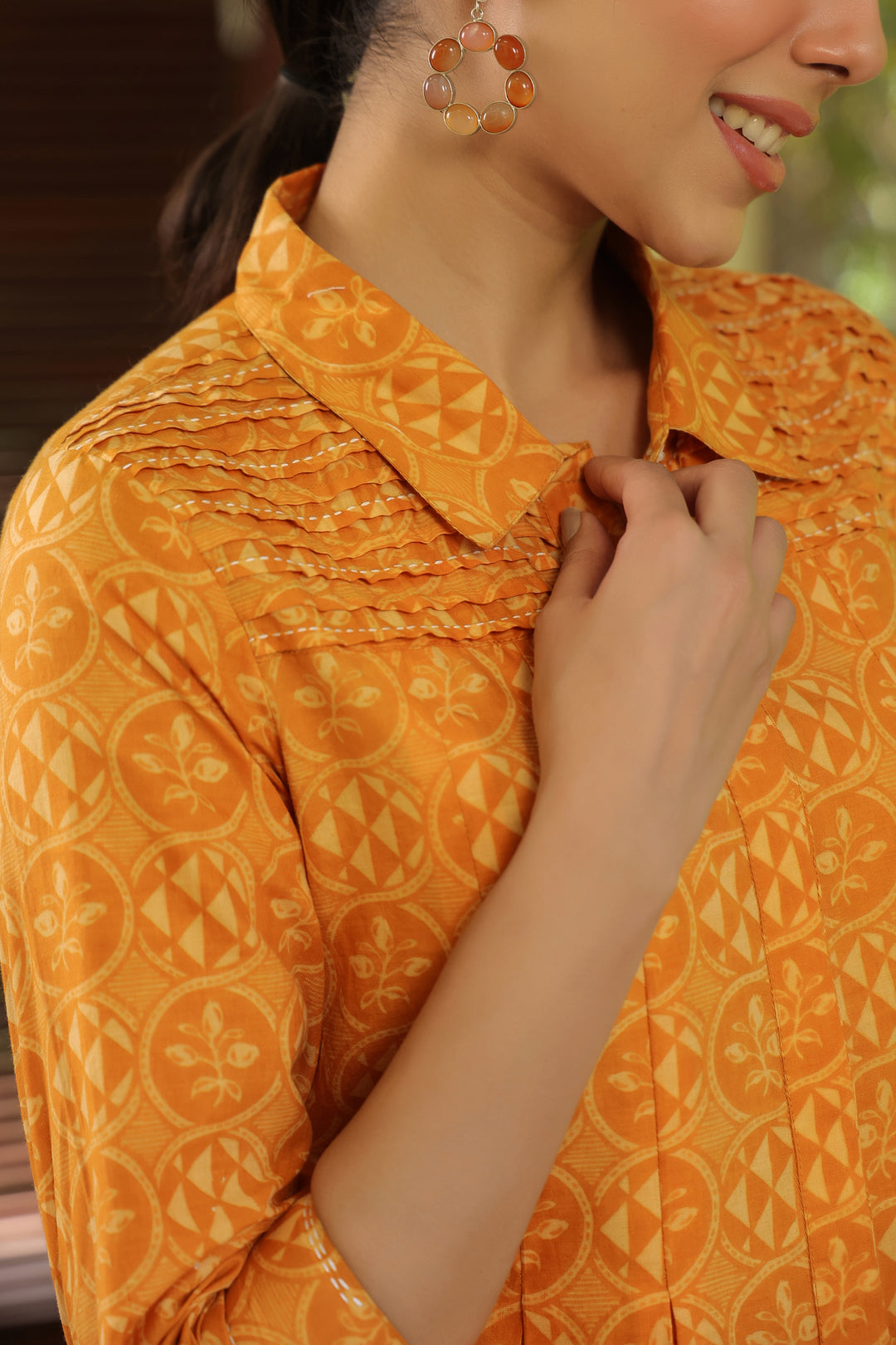 Mustard Cotton Detailed Printed Designer A-Line Top