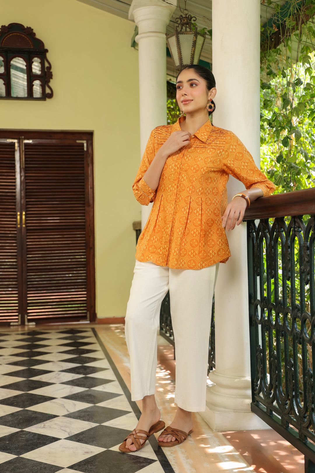 Mustard Cotton Detailed Printed Designer A-Line Top