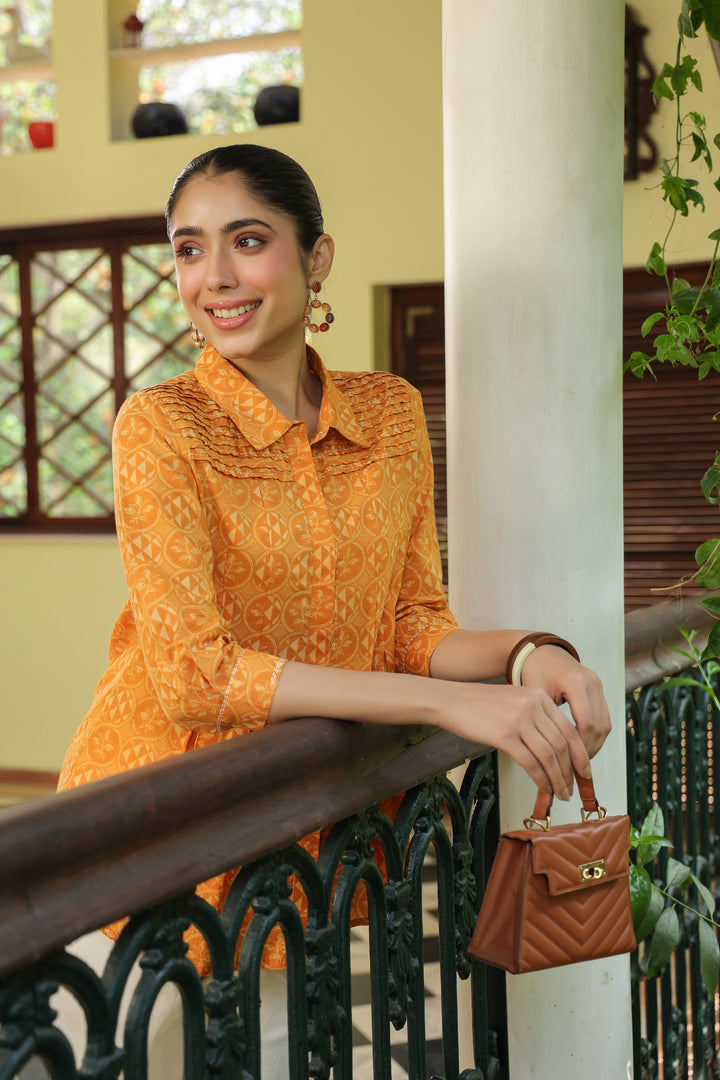 Mustard Cotton Detailed Printed Designer A-Line Top