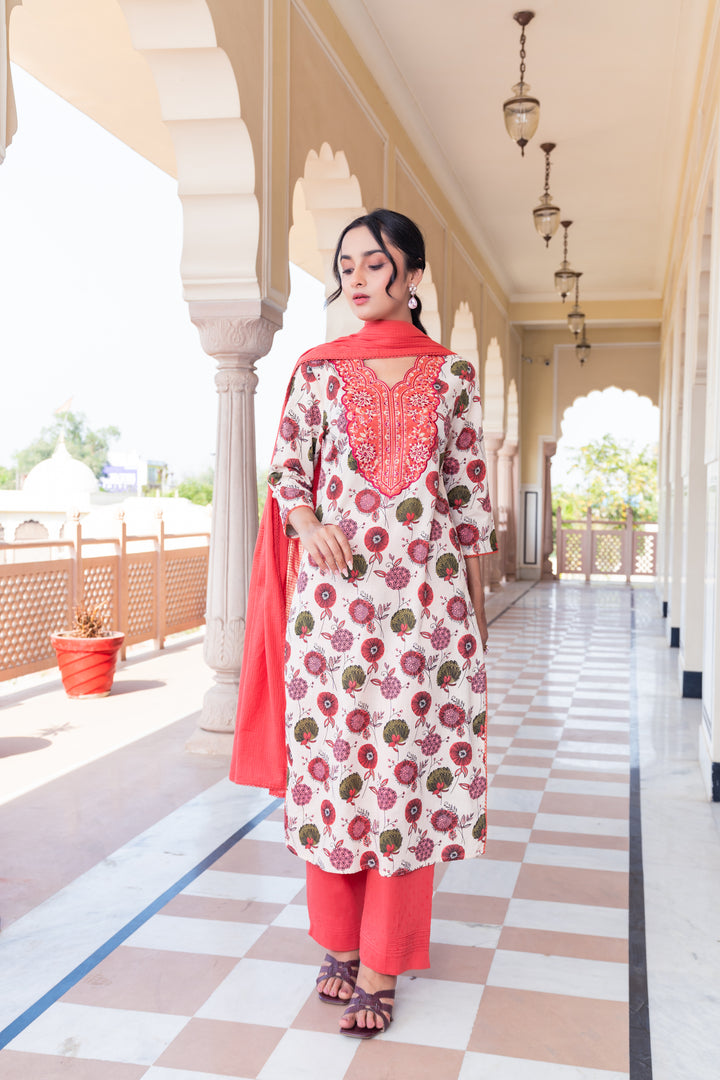 Beige & Red Cotton Embroidered Kurta Pant Set With Dupatta