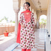 Beige & Red Cotton Embroidered Kurta Pant Set With Dupatta