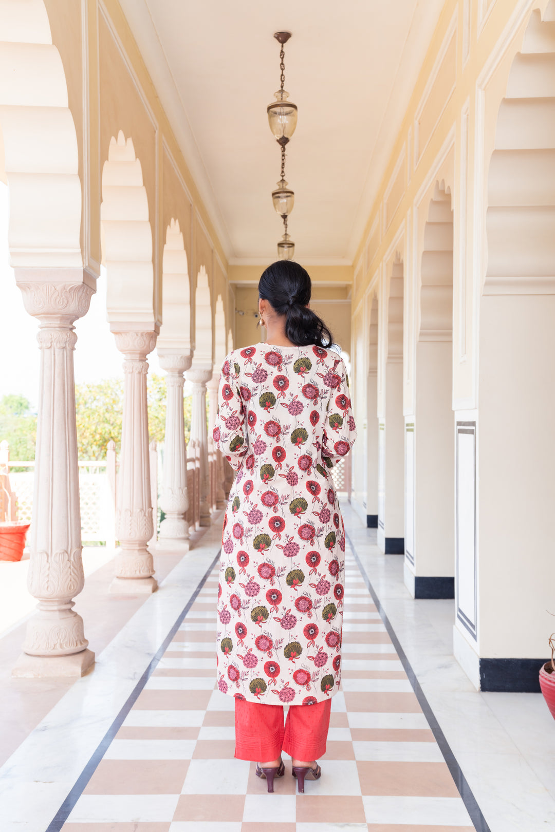 Beige & Red Cotton Embroidered Kurta Pant Set With Dupatta