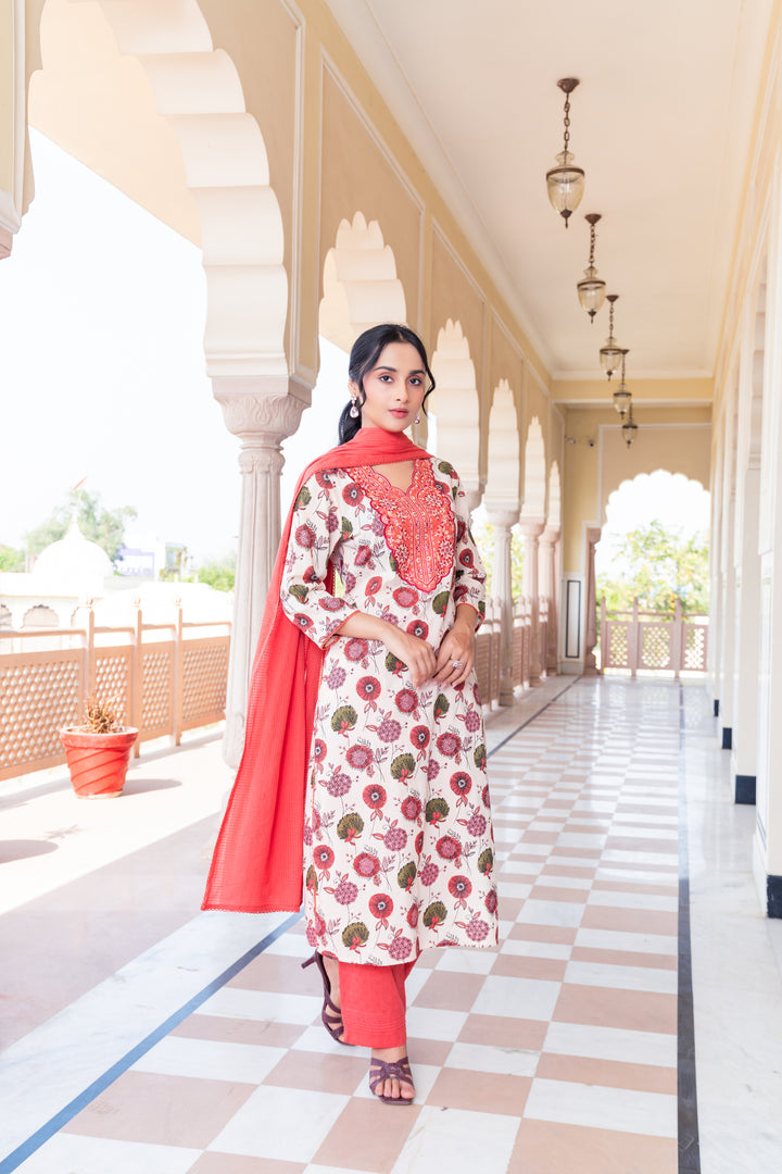 Beige & Red Cotton Embroidered Kurta Pant Set With Dupatta