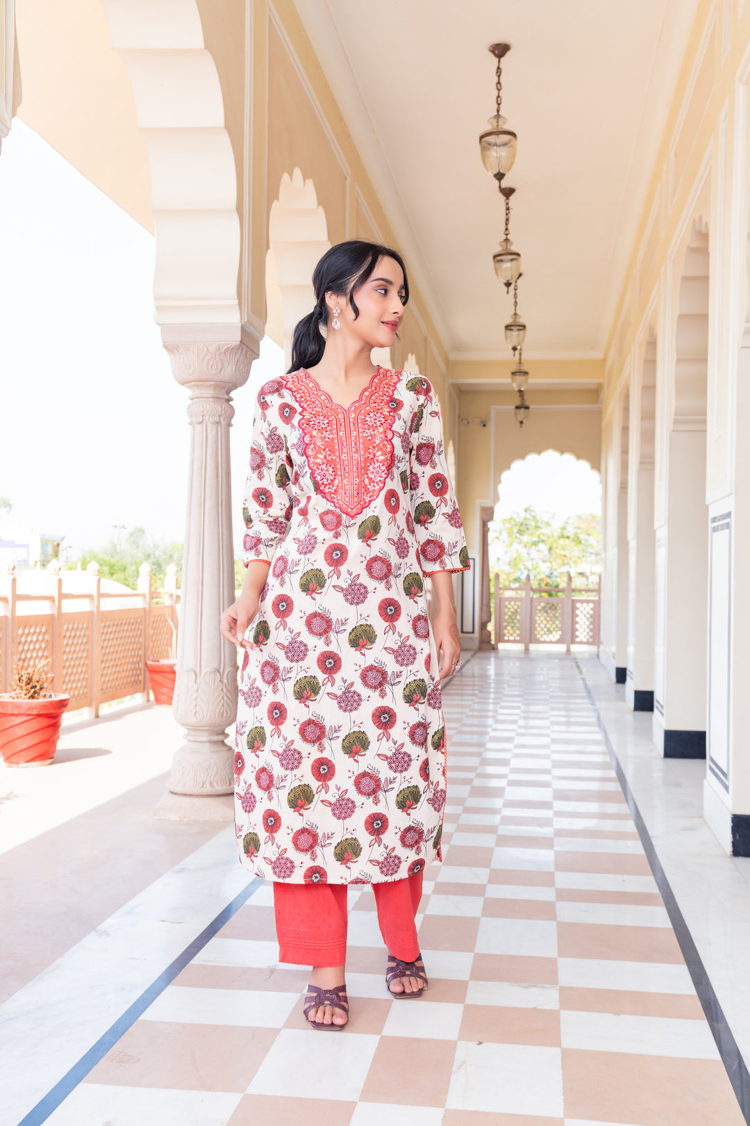 Beige & Red Cotton Embroidered Kurta Pant Set With Dupatta