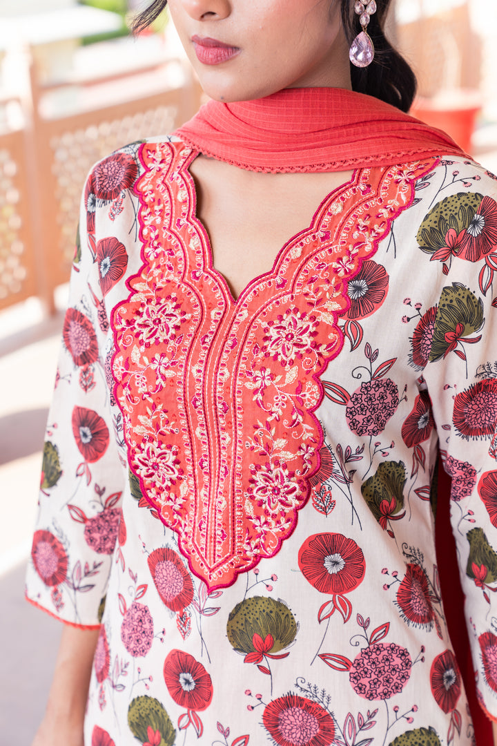 Beige & Red Cotton Embroidered Kurta Pant Set With Dupatta