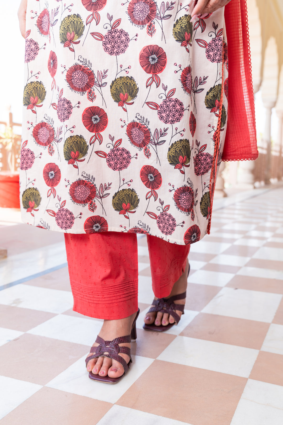 Beige & Red Cotton Embroidered Kurta Pant Set With Dupatta