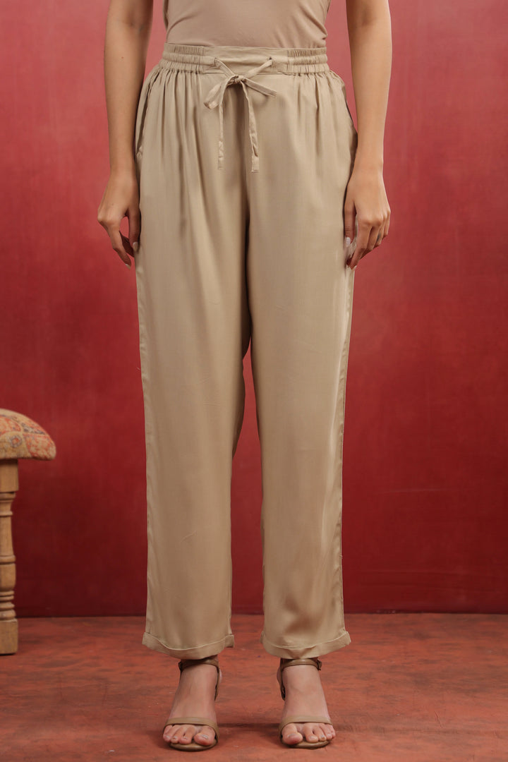 Beige Viscose Solid Straight Pant