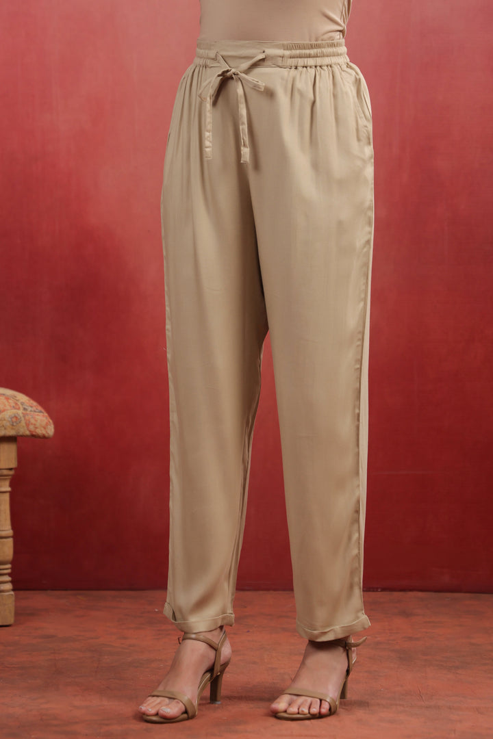 Beige Viscose Solid Straight Pant