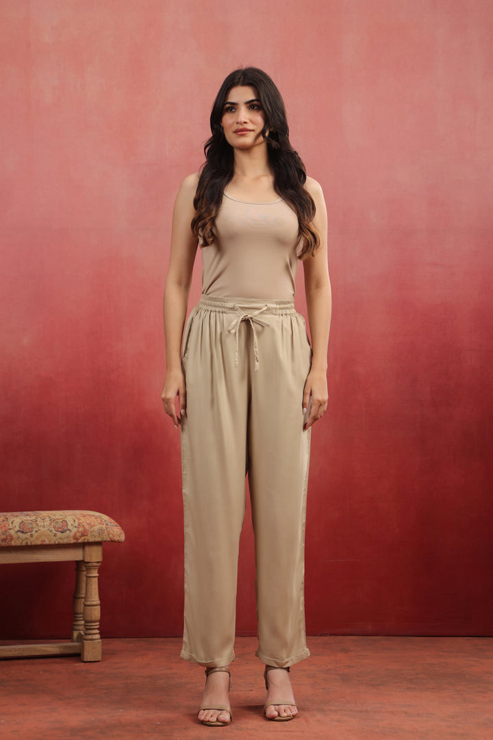 Beige Viscose Solid Straight Pant