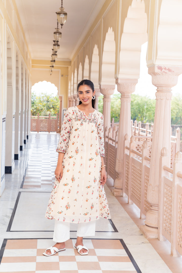 Beige Kota Doriya Printed Designer A-Line Dress