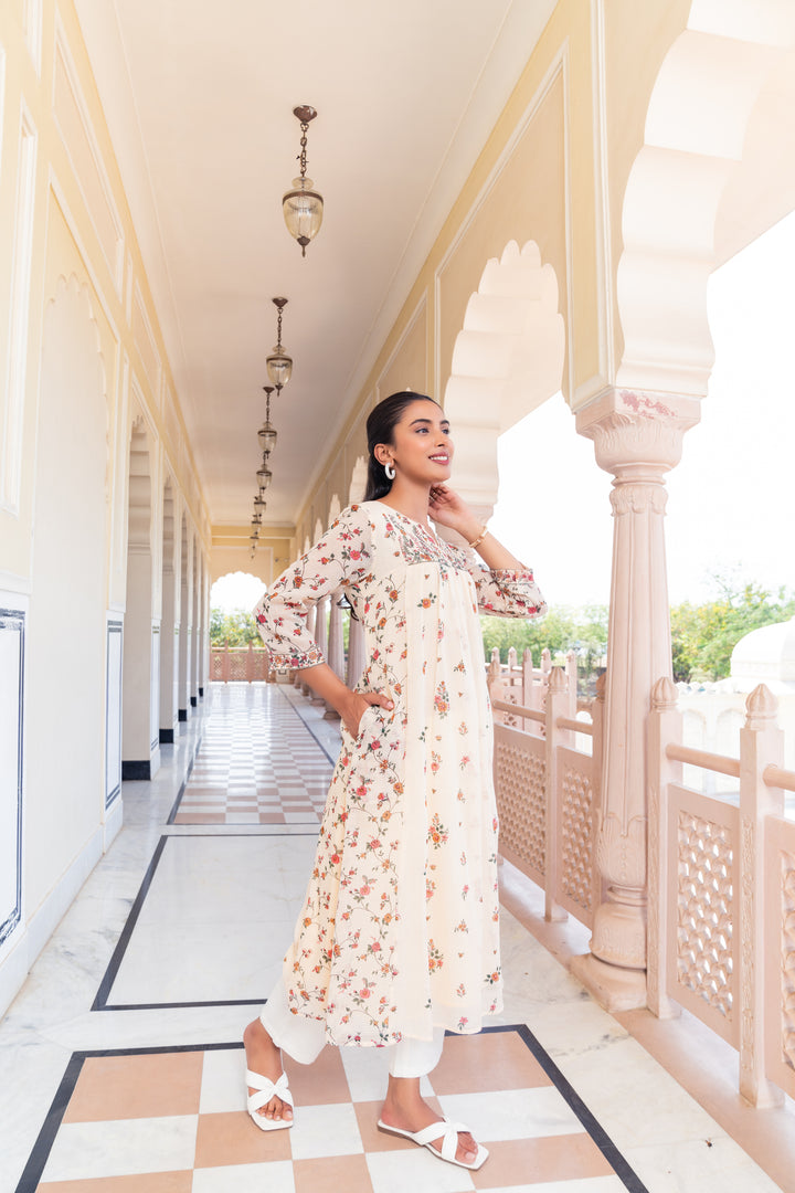 Beige Kota Doriya Printed Designer A-Line Dress