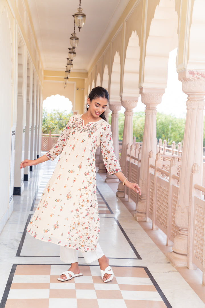 Beige Kota Doriya Printed Designer A-Line Dress