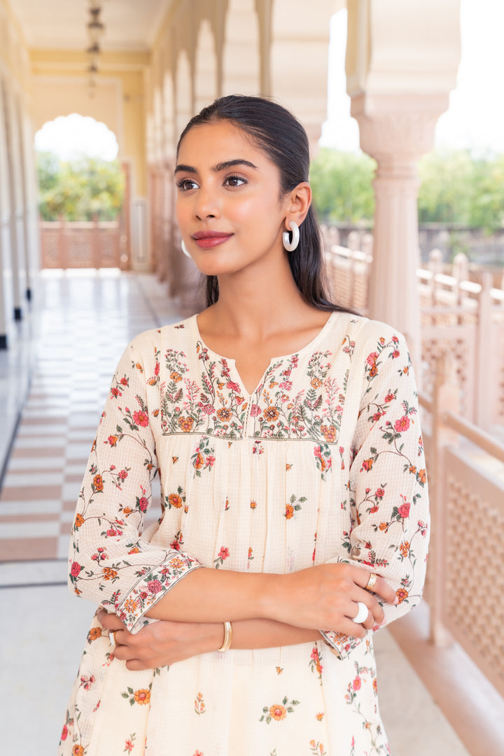 Beige Kota Doriya Printed Designer A-Line Dress