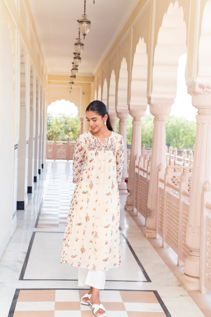 Beige Kota Doriya Printed Designer A-Line Dress