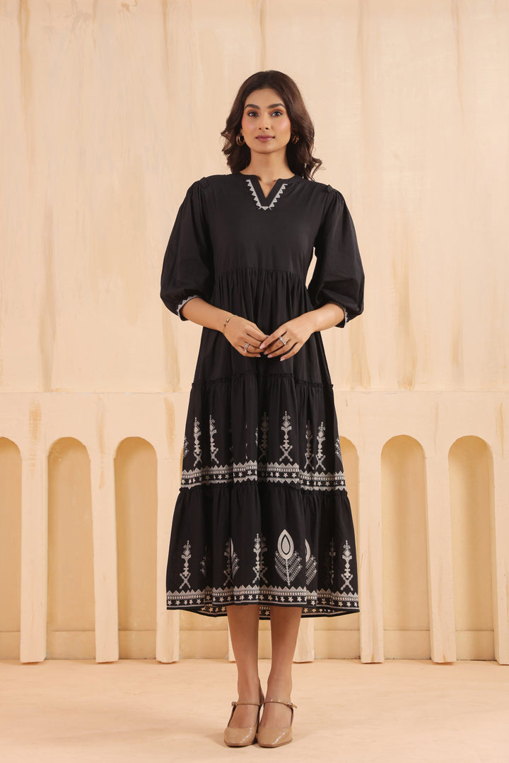 Black Cotton Floral Printed Flared Dress