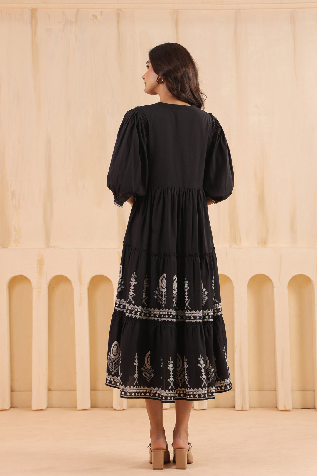 Black Cotton Floral Printed Flared Dress