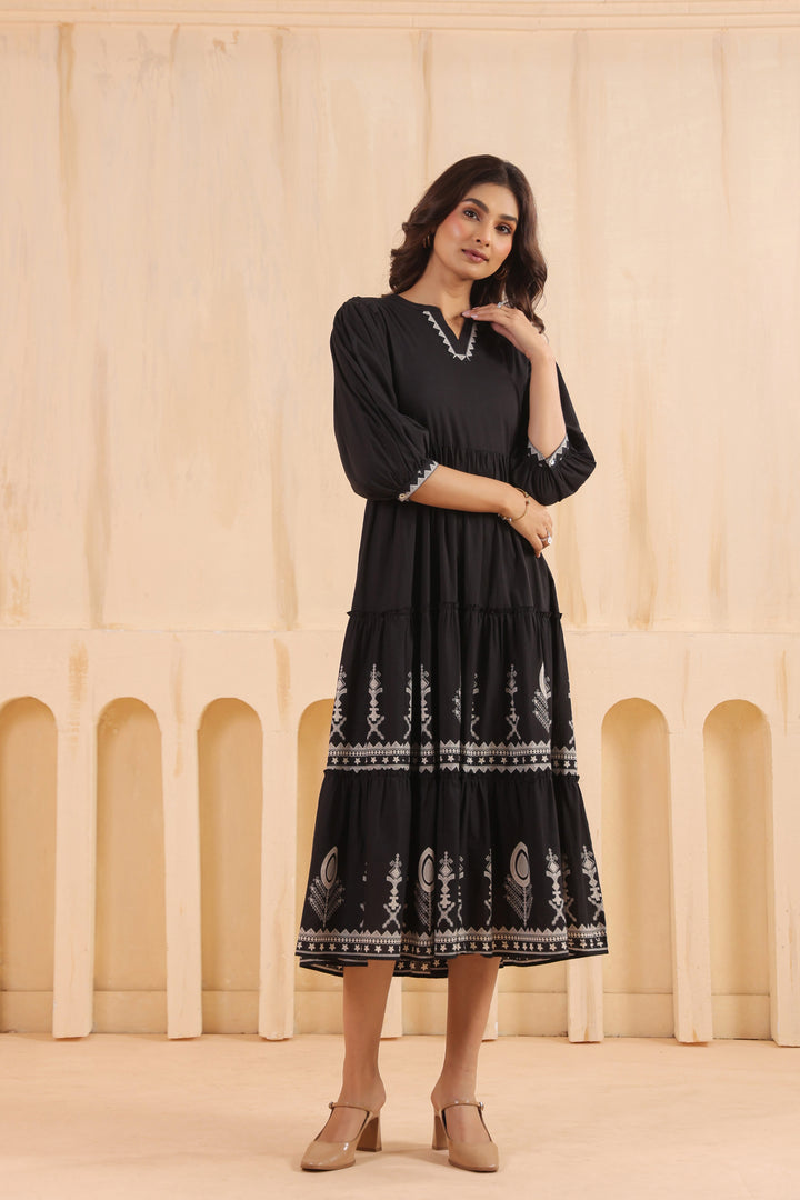 Black Cotton Floral Printed Flared Dress