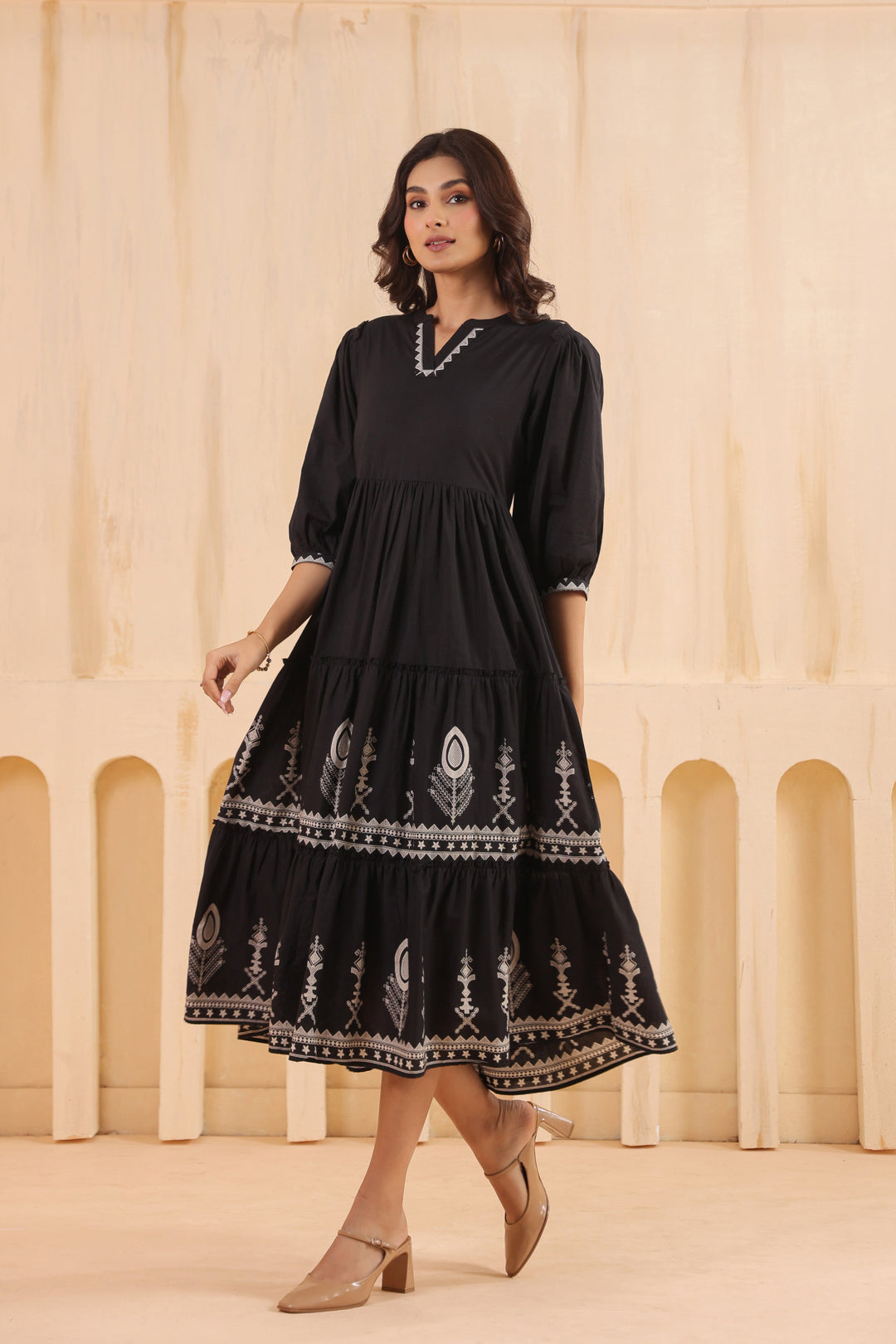 Black Cotton Floral Printed Flared Dress