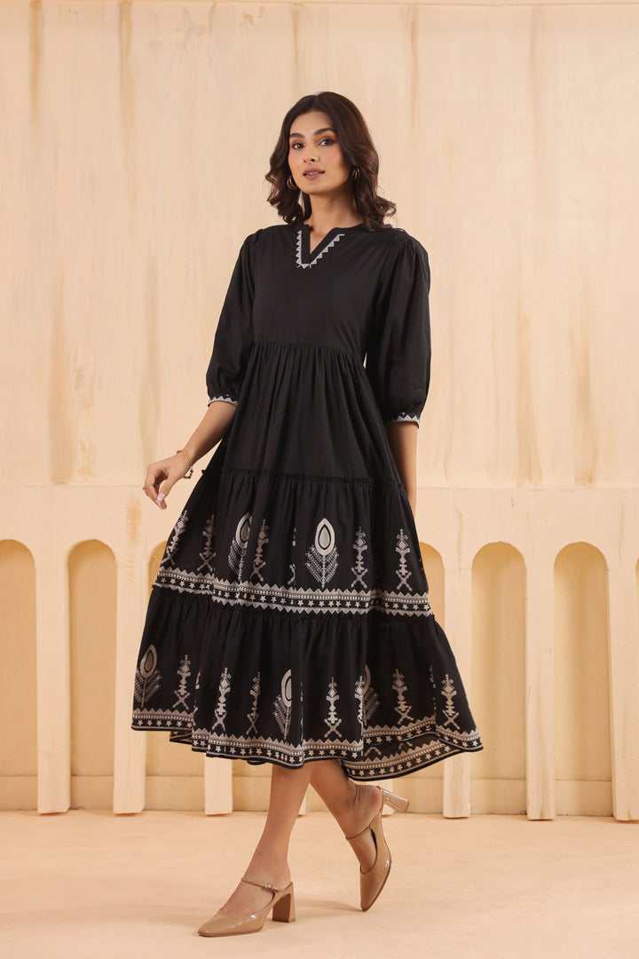 Black Cotton Floral Printed Flared Dress