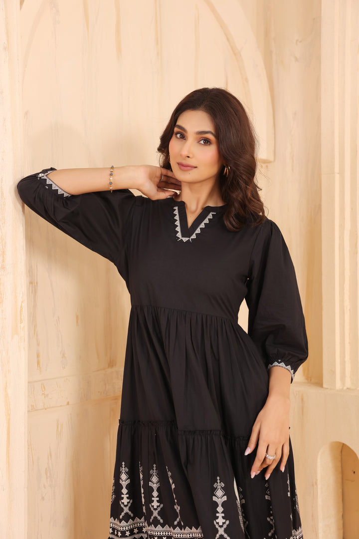 Black Cotton Floral Printed Flared Dress