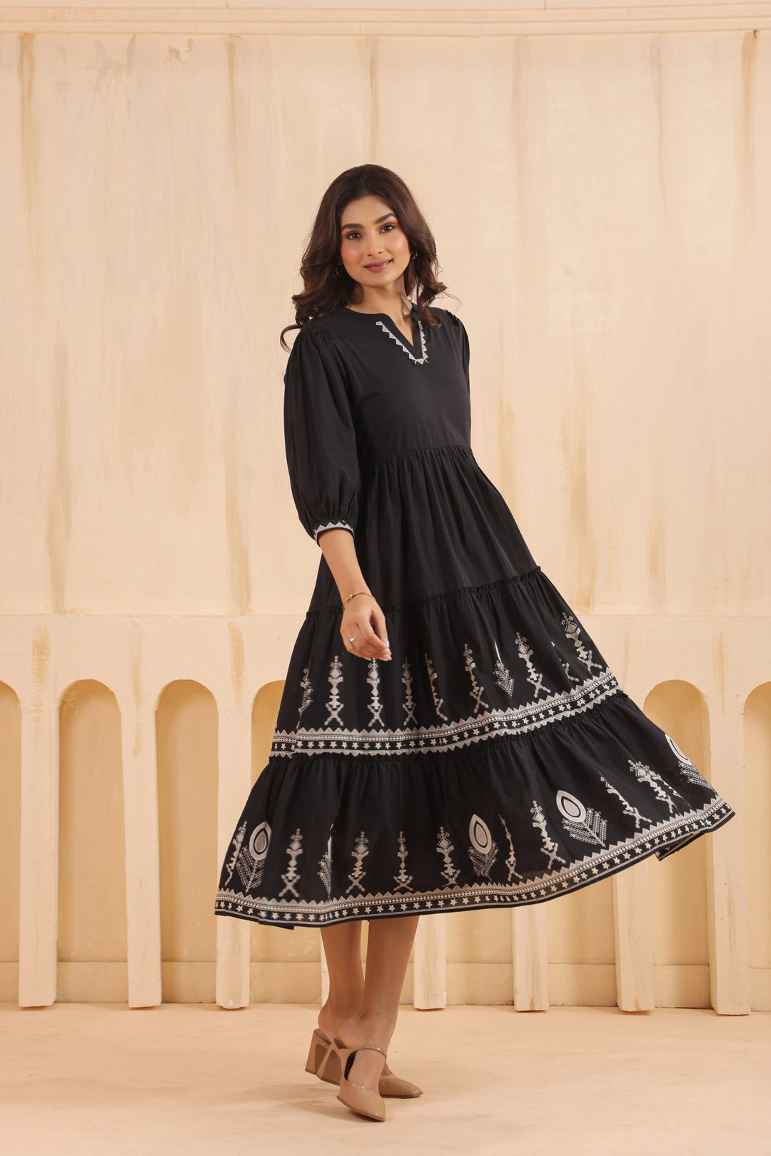 Black Cotton Floral Printed Flared Dress