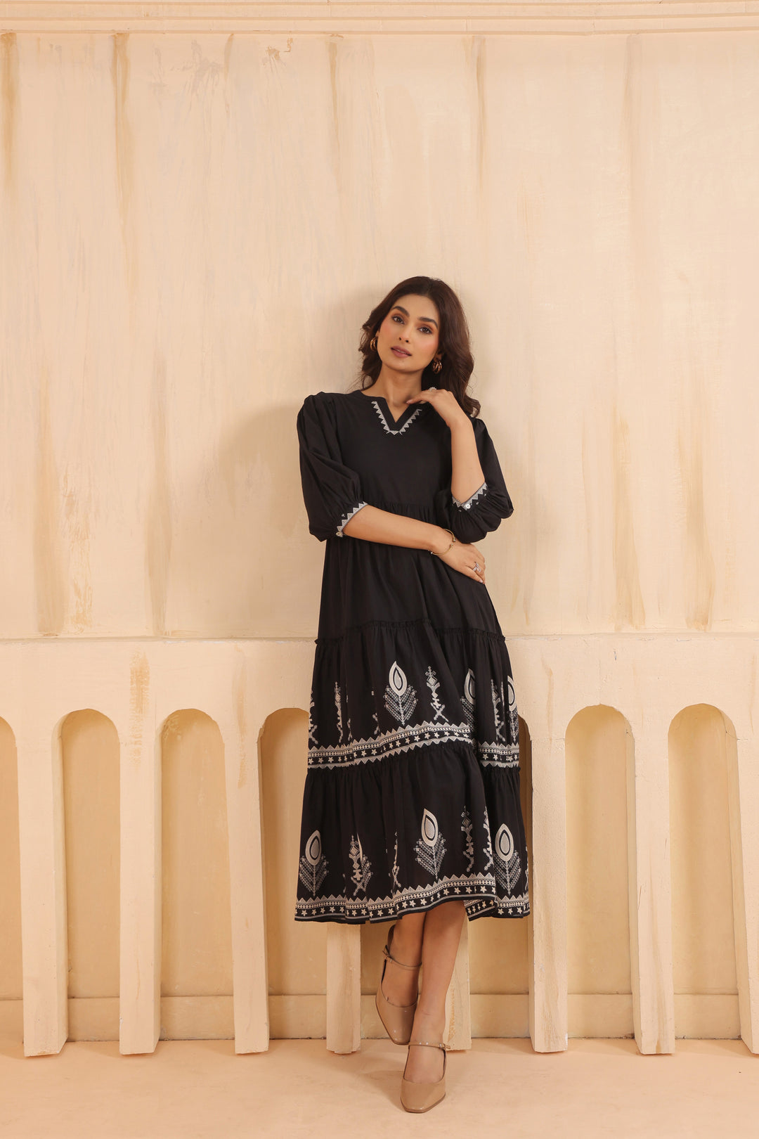 Black Cotton Floral Printed Flared Dress
