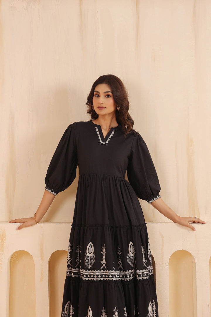 Black Cotton Floral Printed Flared Dress