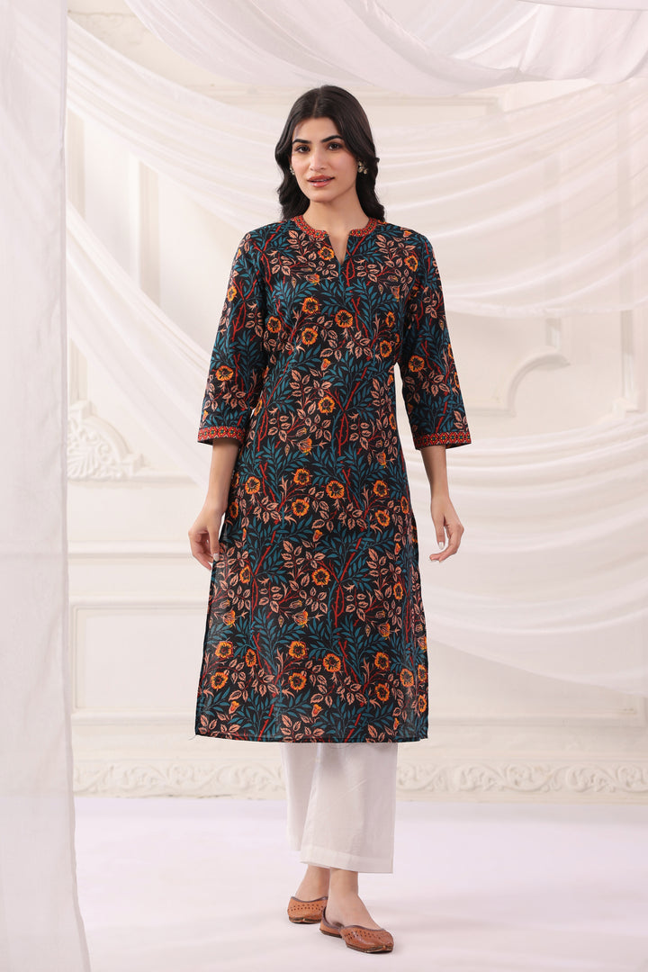 Black Cotton Floral Printed Straight Kurta