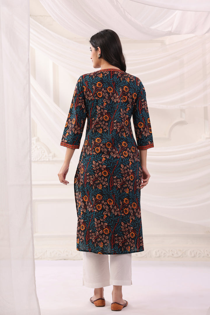 Black Cotton Floral Printed Straight Kurta