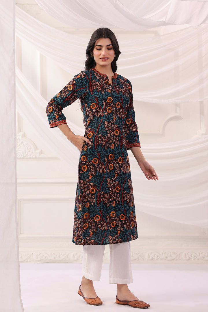 Black Cotton Floral Printed Straight Kurta