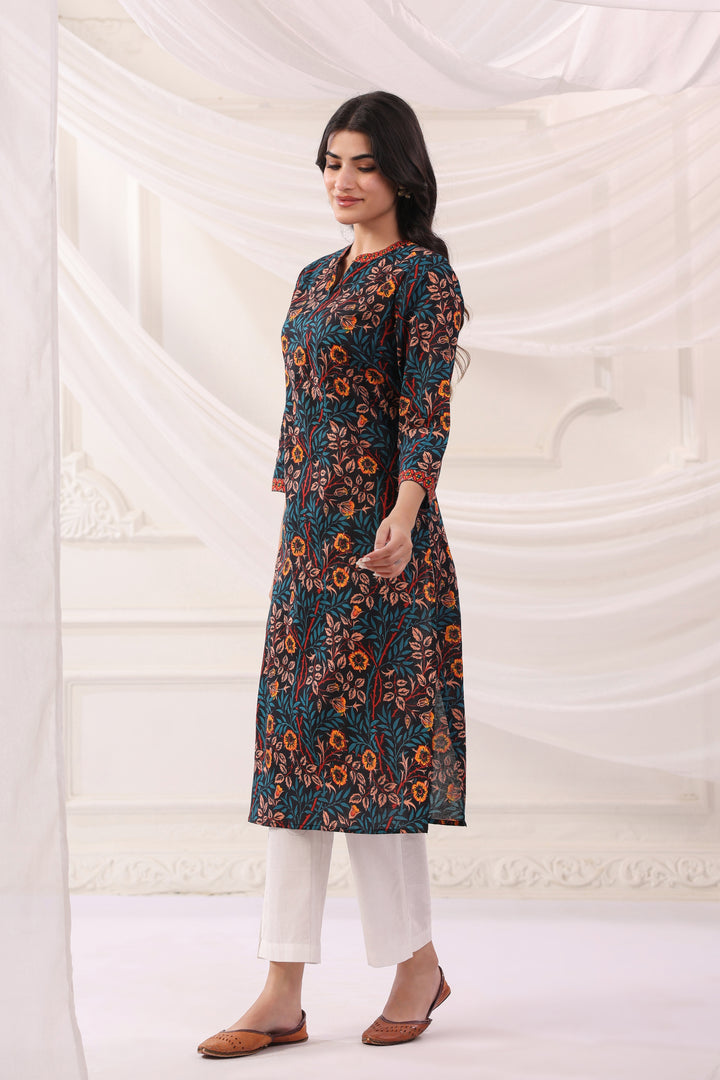 Black Cotton Floral Printed Straight Kurta