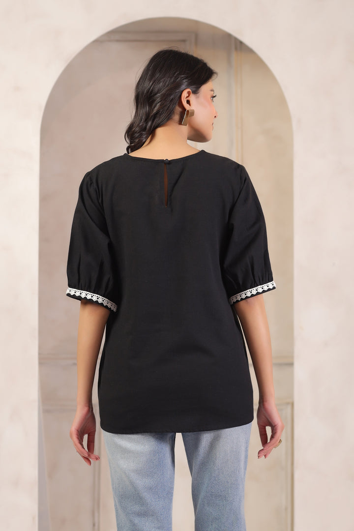 Black Cotton Flex Embroidered Designer Top