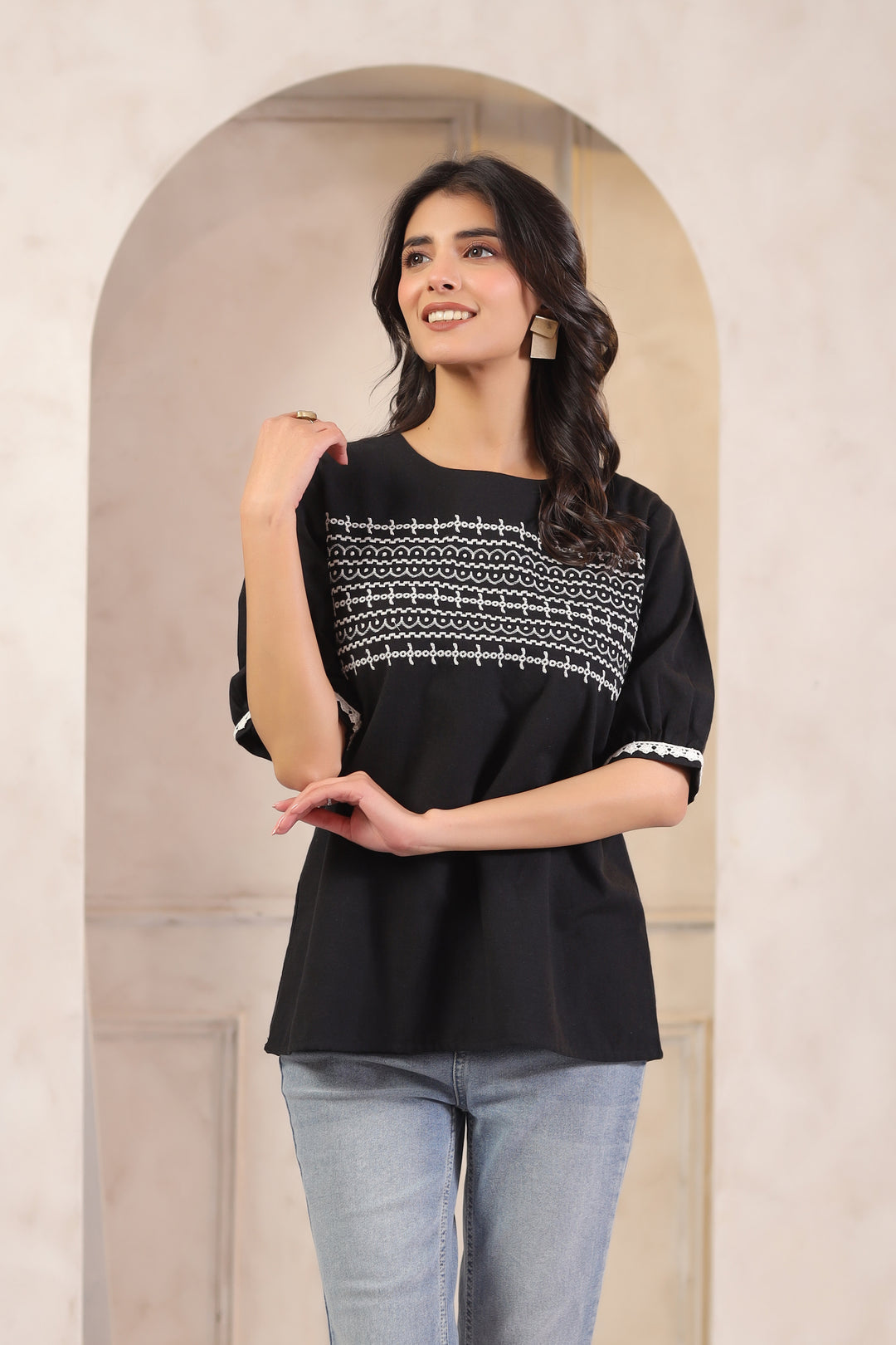 Black Cotton Flex Embroidered Designer Top