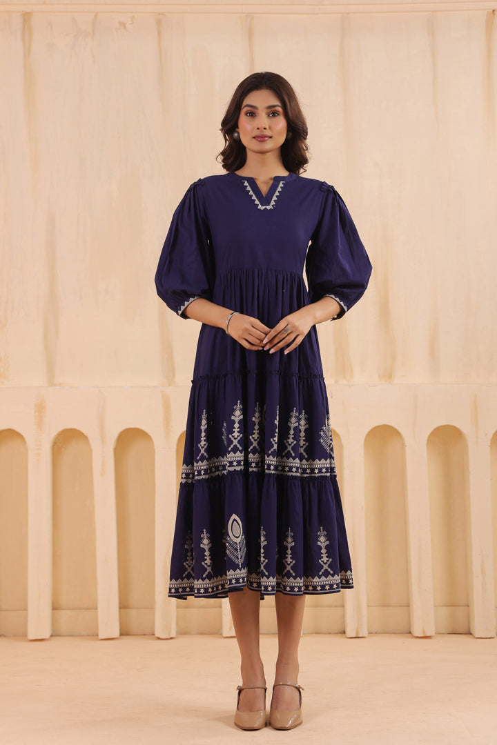 Blue Cotton Floral Printed Flared Dress