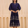 Blue Cotton Floral Printed Flared Dress