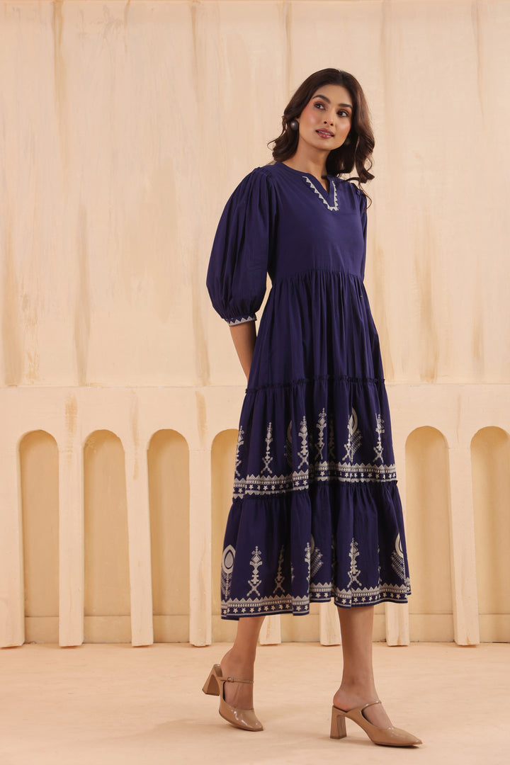 Blue Cotton Floral Printed Flared Dress