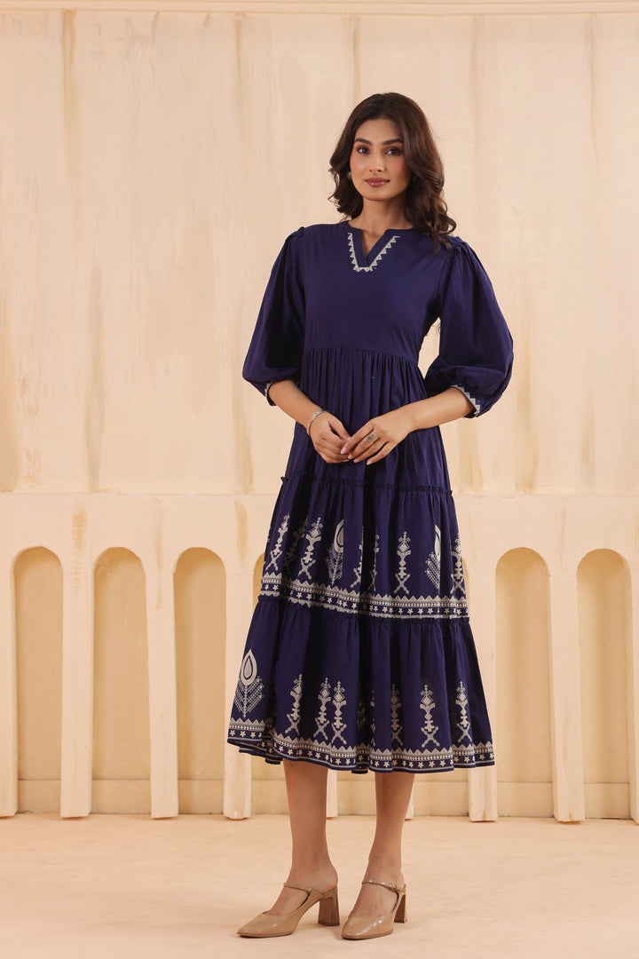 Blue Cotton Floral Printed Flared Dress