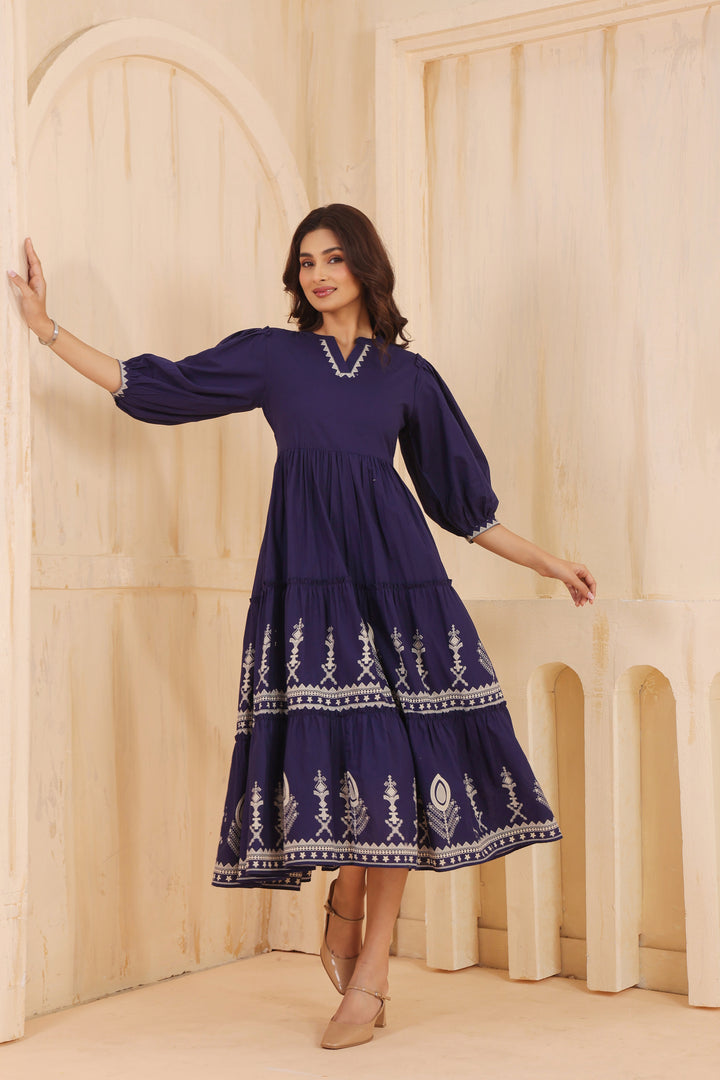 Blue Cotton Floral Printed Flared Dress