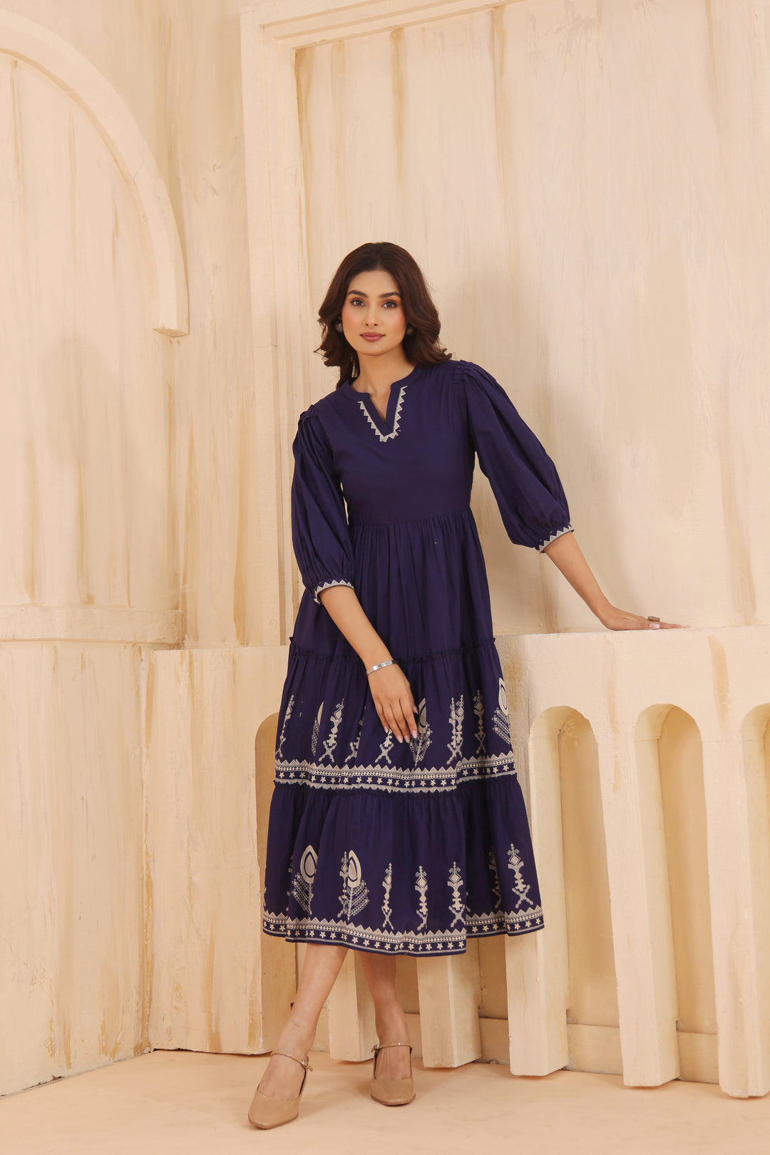 Blue Cotton Floral Printed Flared Dress